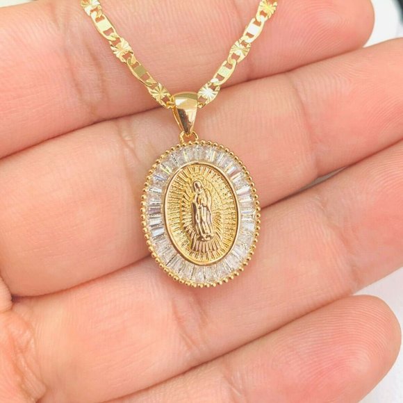 Virgen de Guadalupe Pendant Necklace CZ Stones for Womens Mens 22x17mm in Gold F - Picture 6 of 7